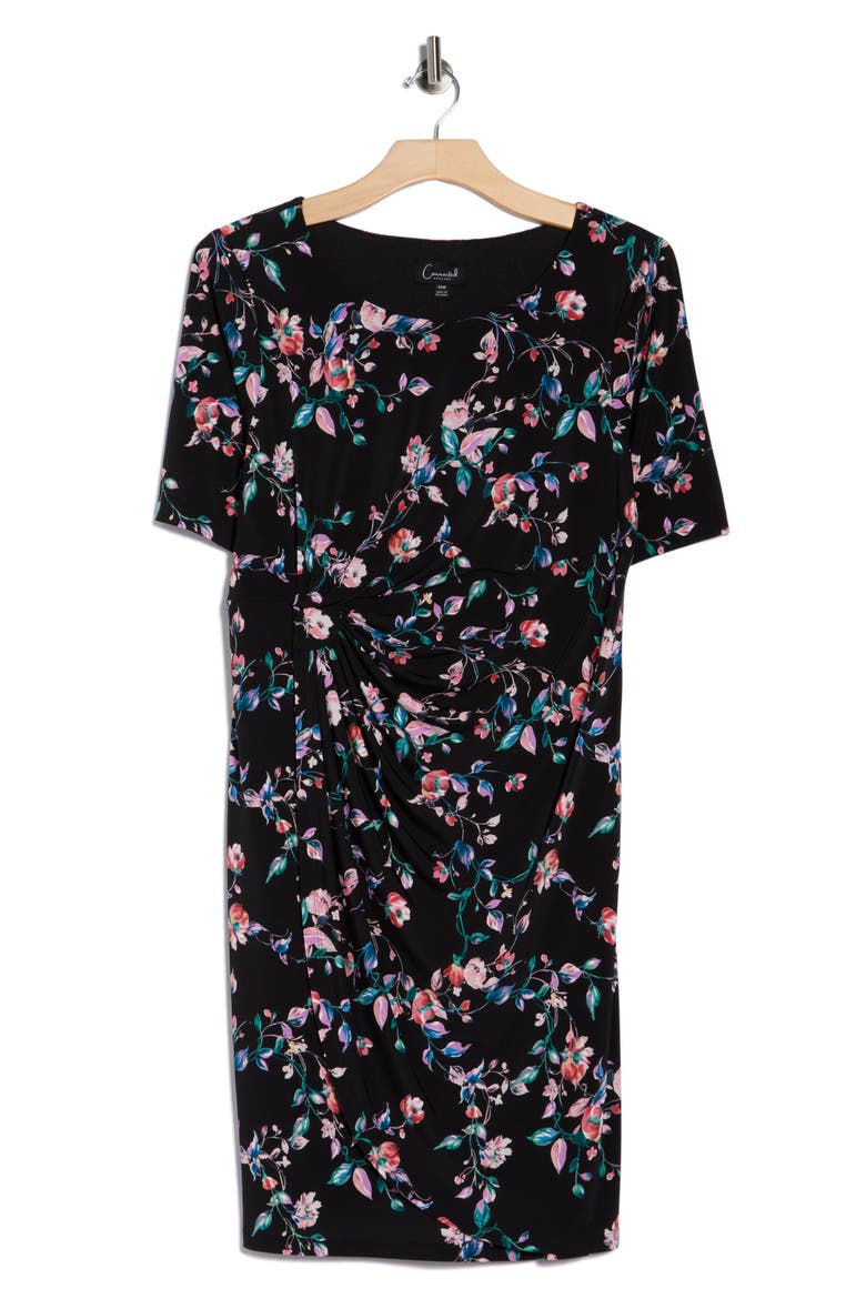 Floral Gathered Midi Dress, Alternate, color, BLACK
