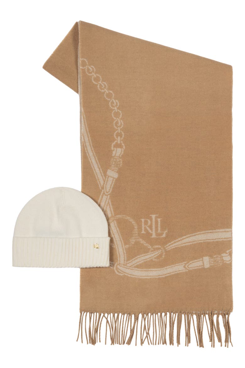 Equestrian Scarf & Beanie Set, Alternate, color, LAUREN CAMEL