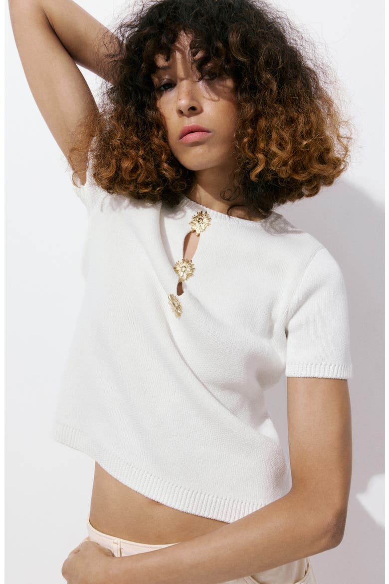 Metallic Cutout Short Sleeve Sweater, Alternate, color, ECRU