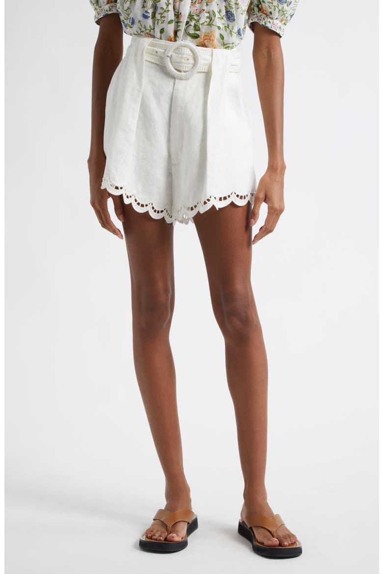 Ruchelieu Embroidered Scalloped Linen Blend Shorts, Main, color, WHITE