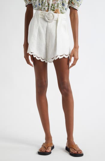 Ruchelieu Embroidered Scalloped Linen Blend Shorts