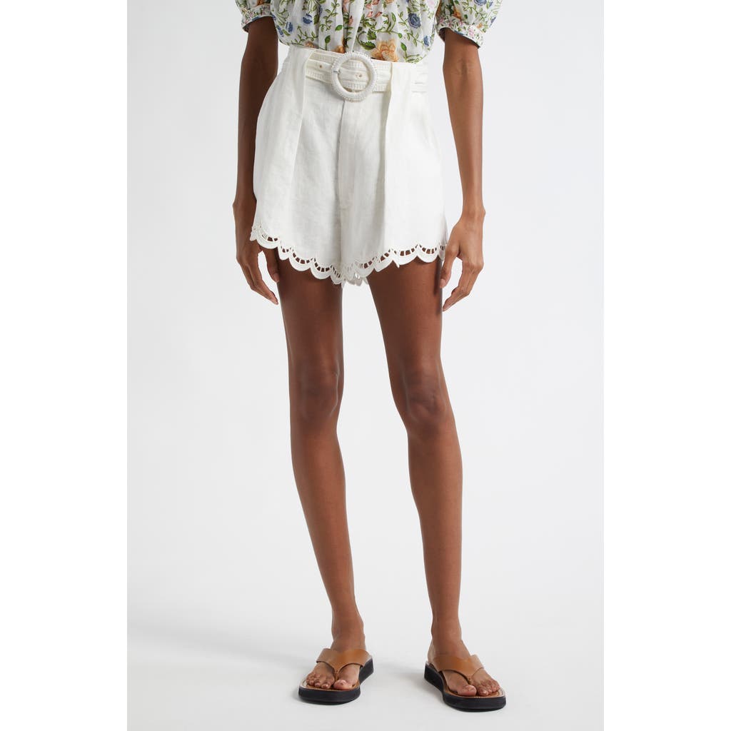 Shop Farm Rio Ruchelieu Embroidered Scalloped Linen Blend Shorts In White
