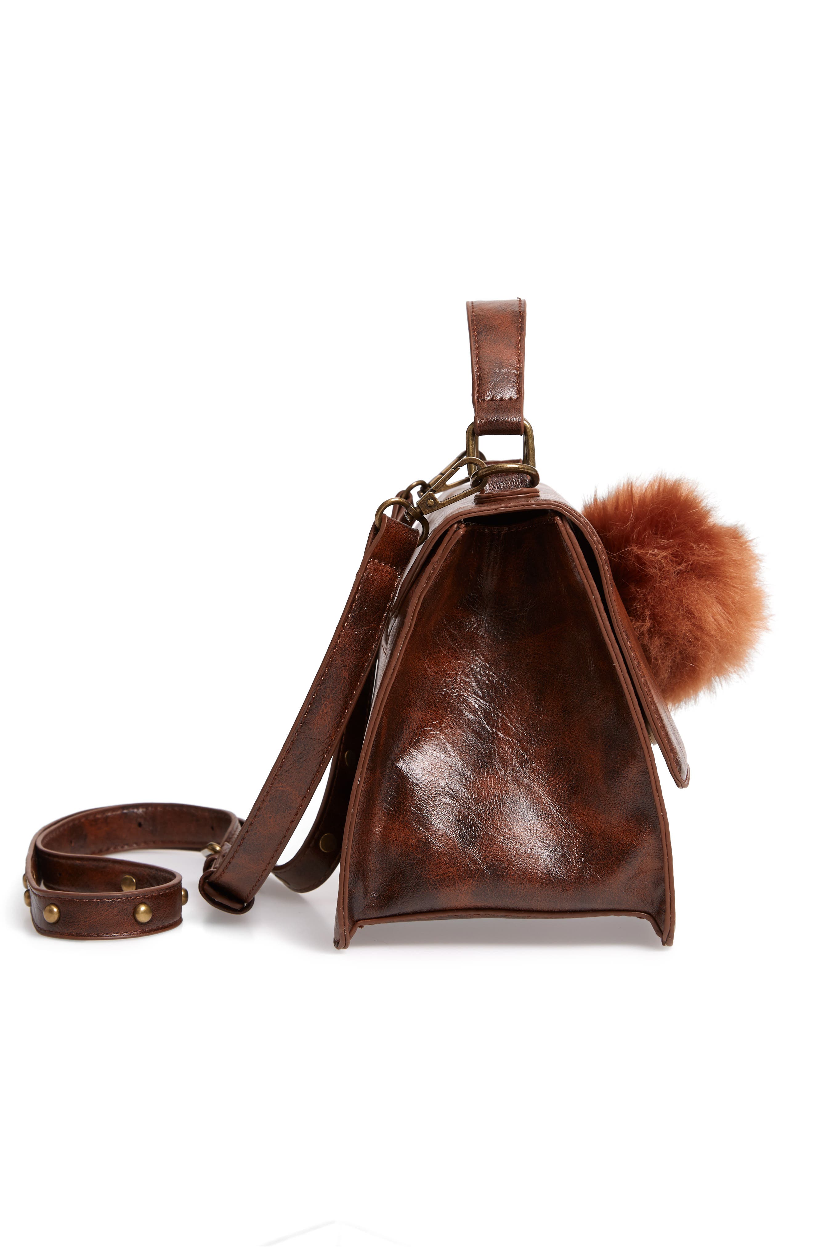 Muche et Muchette Eleanor Faux Leather Satchel with Faux Fur Pom, Alternate, color, 