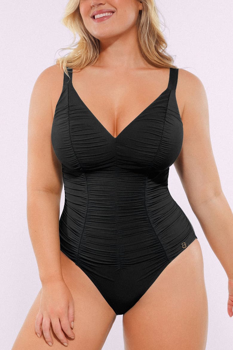 Smart Sculpt Ruched V-Neck Shaping Swimsuit, Alternate, color, Black