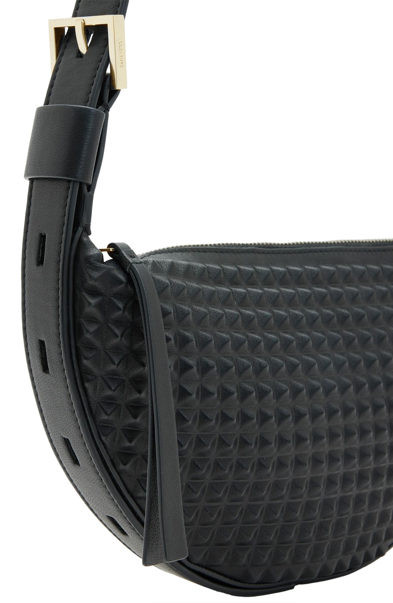 AllSaints Half Moon Studded Leather Crossbody Bag, Alternate, color, 