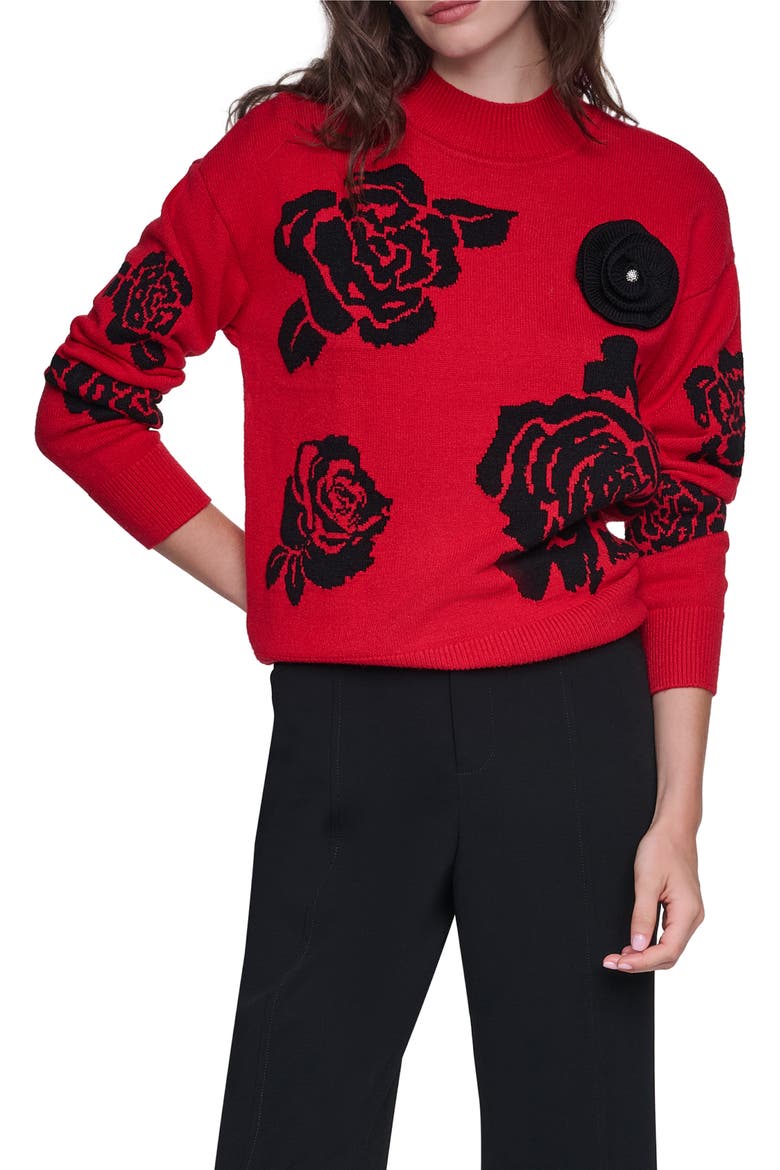 Rose Mock Neck Sweater, Main, color, ADMIRAL RED/ BLACK