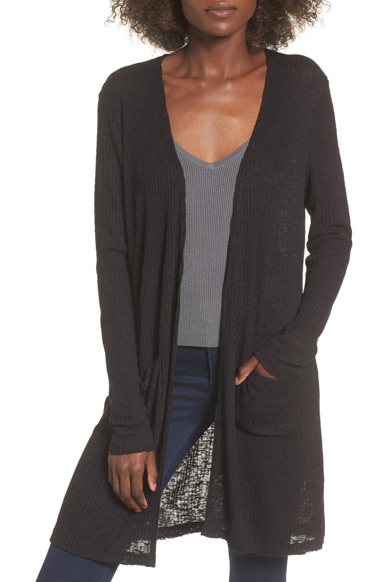 Ribbed Knit Cardigan, Main, color, BLACK