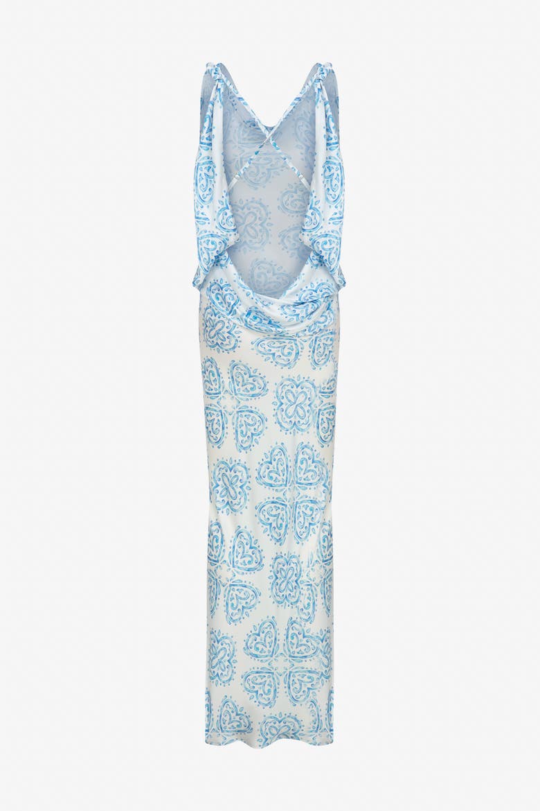 Bleu Ceramic Print Maxi Dress With Open Back, Alternate, color, Blue