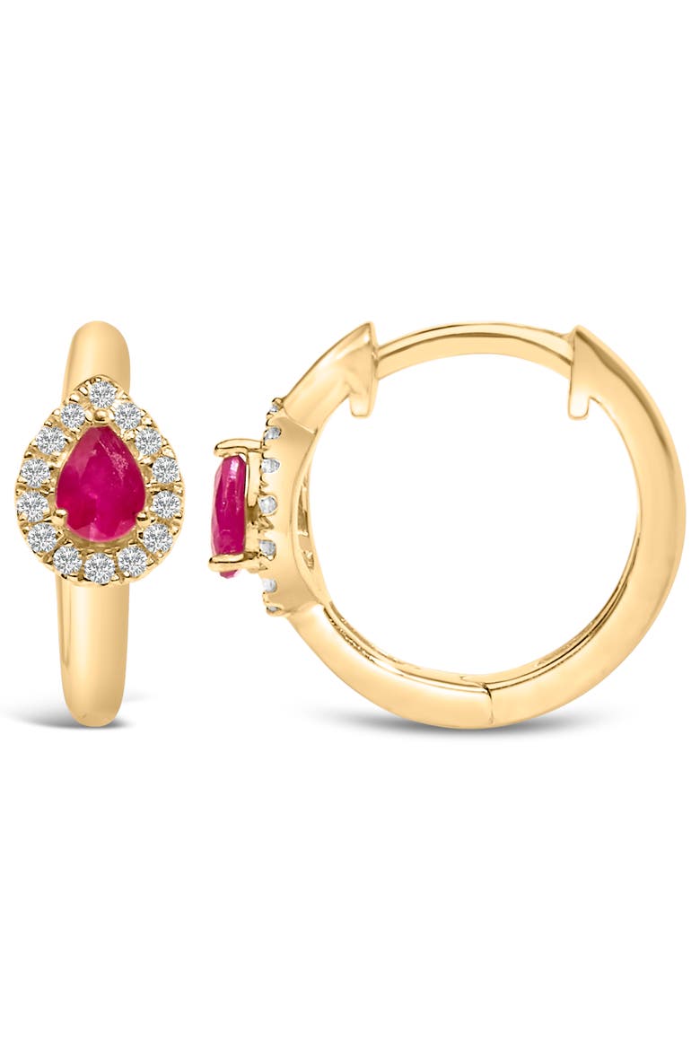 10K Yellow Gold Pear Red Ruby 4x3 mm and 1/10 Ct Round Diamond Huggy Earrings, Alternate, color, Yellow