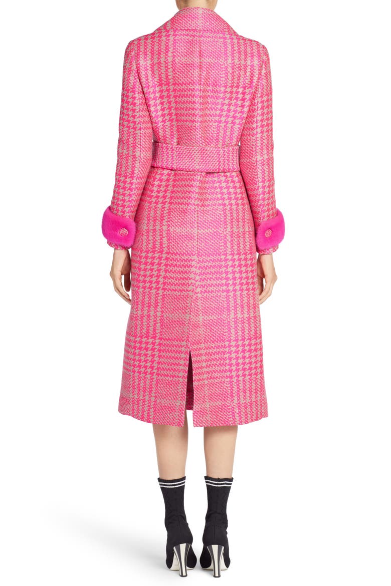 Pop Genuine Mink Fur Trim Prince of Wales Check Coat, Alternate, color, GLAMOUR PINK
