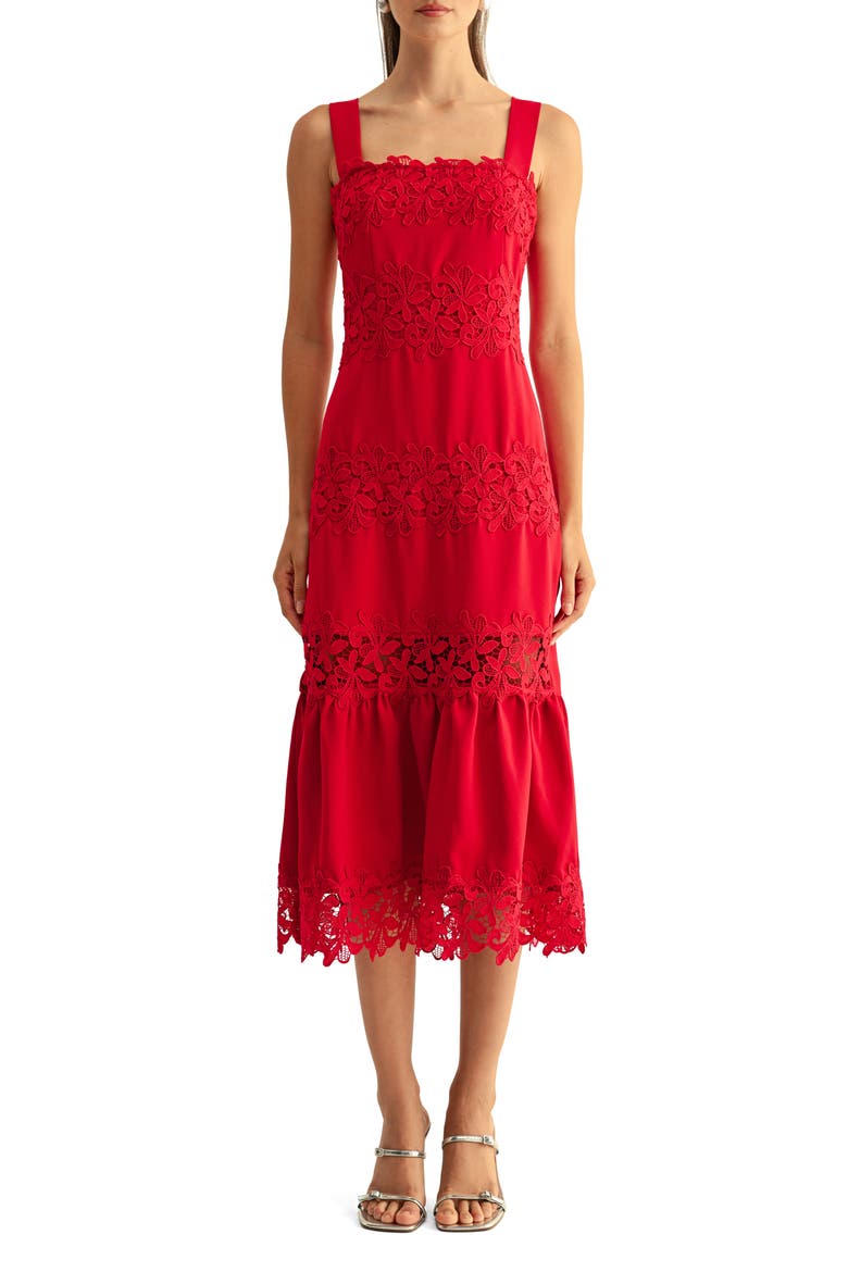 Davina Embroidered Lace Detail Midi Dress, Main, color, CRIMSON