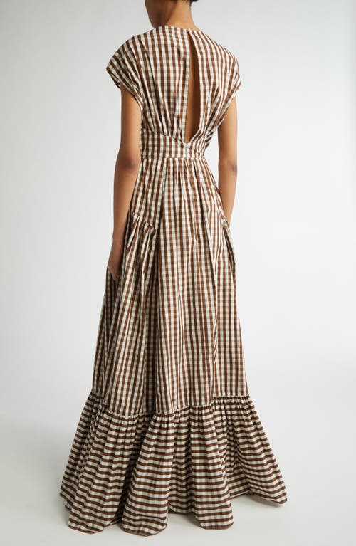 Lela Rose Gingham Check Gathered Shoulder Gown In Walnut