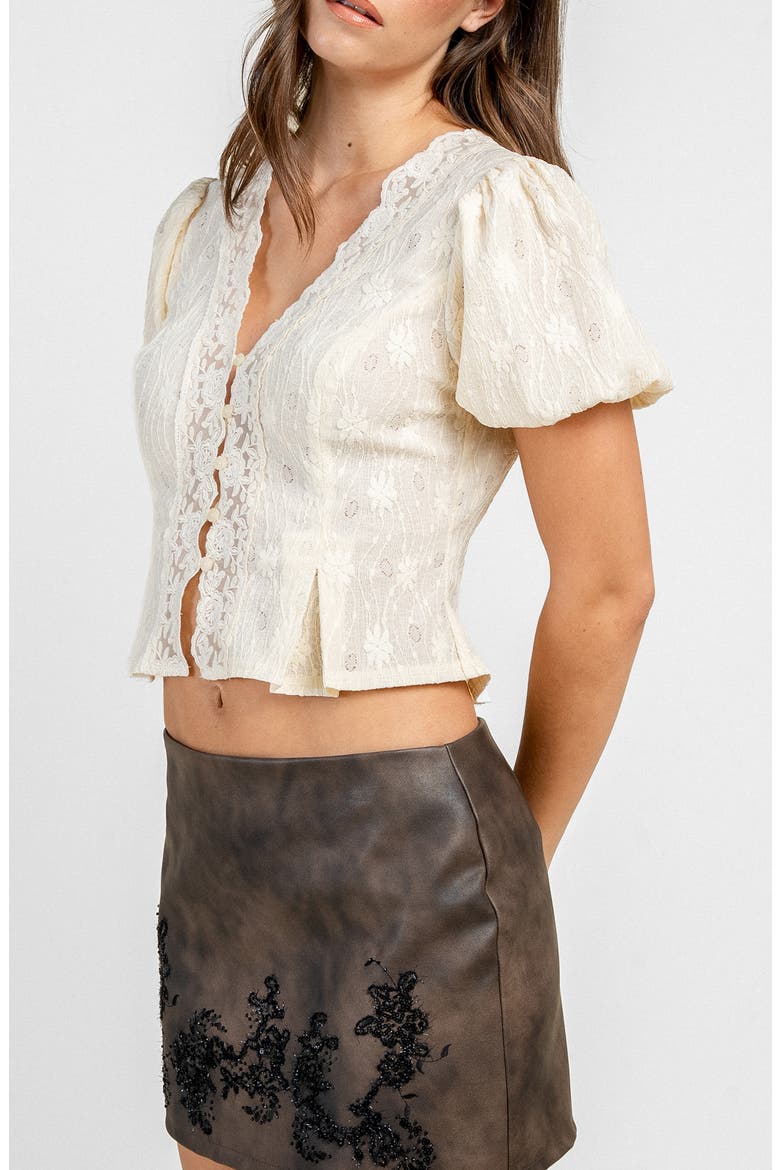 Lace Trim Fitted Button Front Top, Alternate, color, LEMON