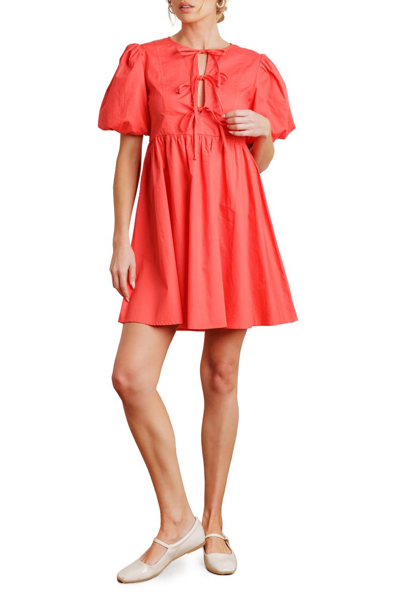 Tie Front Short Sleeve Babydoll Minidress, Main, color, CORAL RED