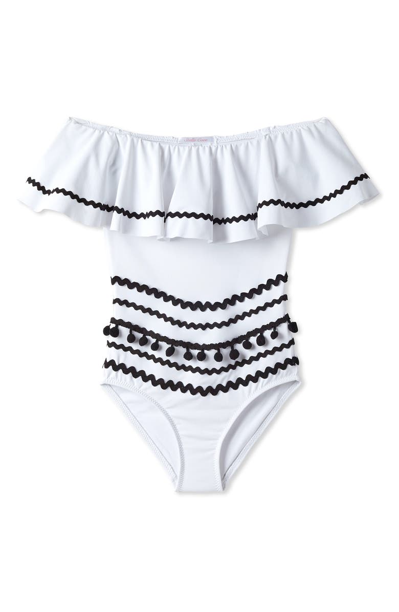 Stella Cove Ruffle Neck Pom One-Piece Swimsuit, Main, color, 