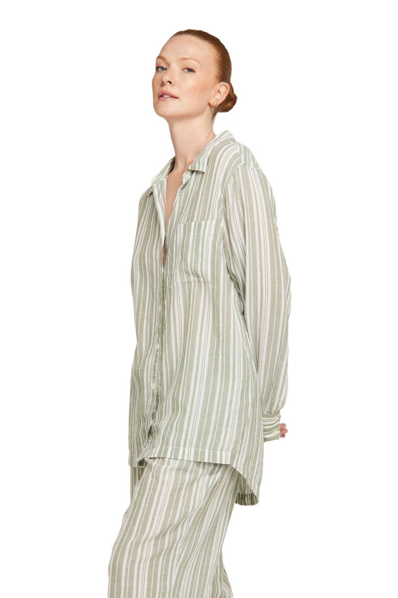 The Relaxed Button Up Midi Shirt, Alternate, color, Sage Stripe
