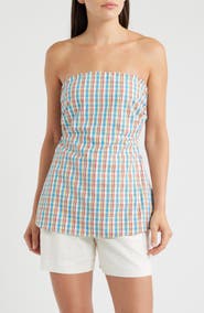Faithfull the Brand Isole Plaid Strapless Cutout Tie Back Top
