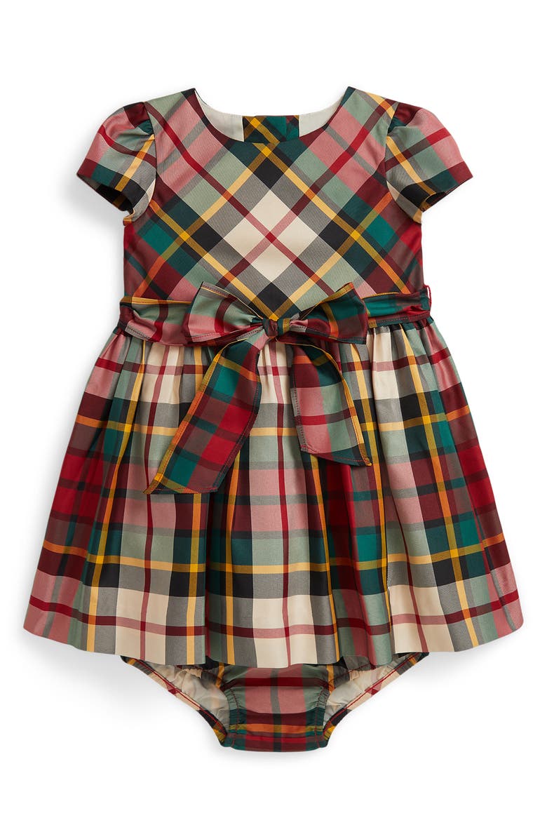 Ralph Lauren Pliad Taffeta Dress & Bloomers, Main, color, Red Multi