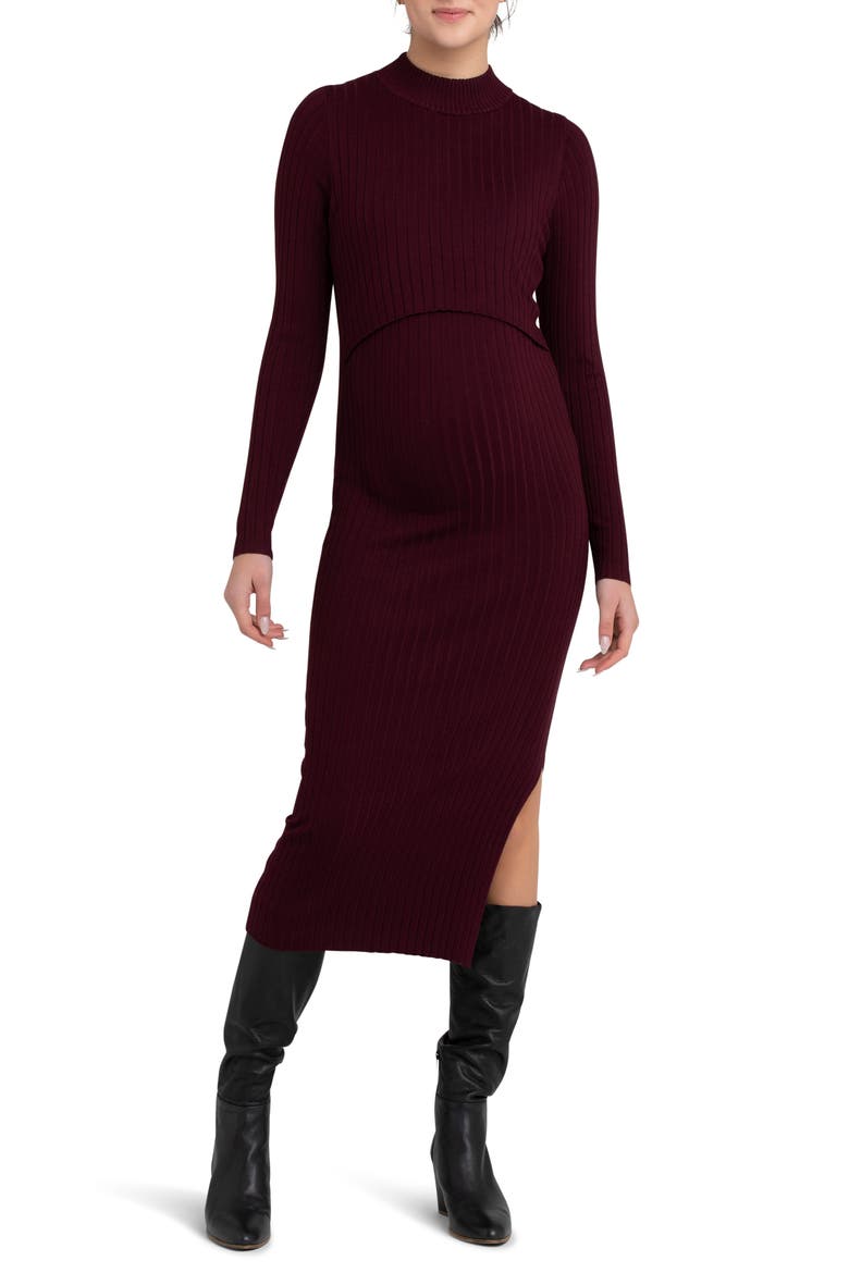Nella Long Sleeve Rib Maternity Dress, Main, color, MAROON