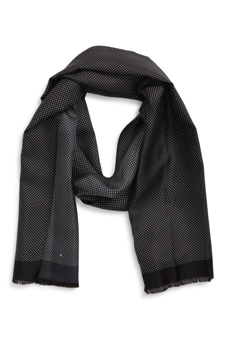 Polka Dot Silk Twill Fringe Scarf, Alternate, color, BLACK/ OFF WHITE