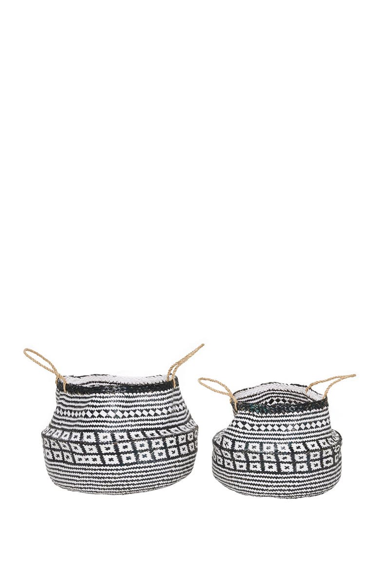Black Wood Handmade Patterned Storage Basket with Handles - Set of 2, Main, color, BLACK