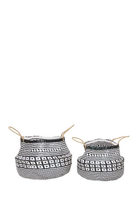 Black Wood Handmade Patterned Storage Basket with Handles - Set of 2