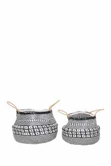 GINGER BIRCH STUDIO Black Wood Handmade Patterned Storage Basket with Handles - Set of 2