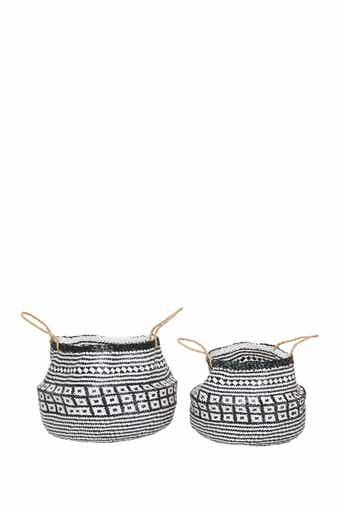 GINGER BIRCH STUDIO Black Wood Handmade Patterned Storage Basket with Handles - Set of 2