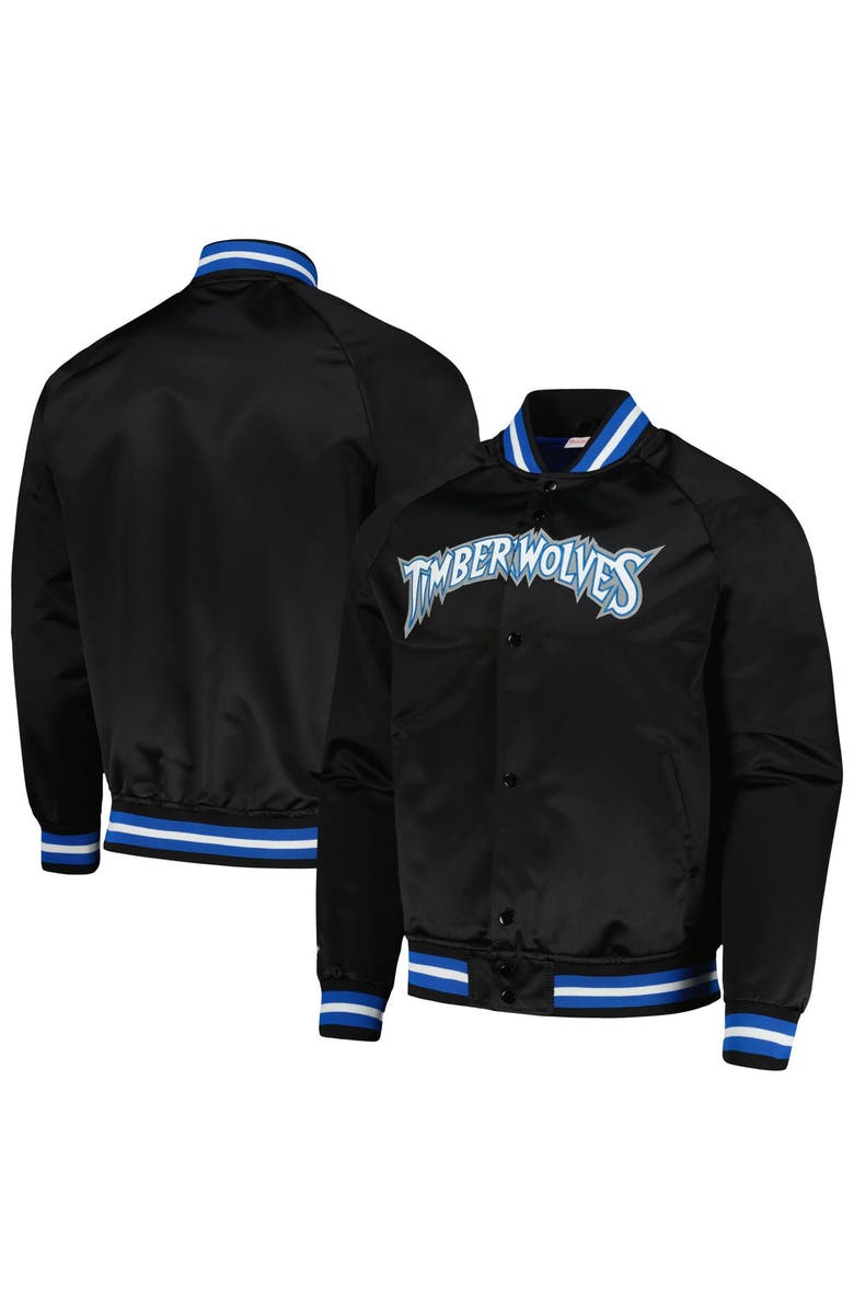 Mitchell & Ness Men's Mitchell & Ness Black Minnesota Timberwolves Hardwood Classics Throwback Wordmark Raglan Full-Snap Jacket, Main, color,