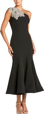 Mac Duggal Sleeveless Crepe One Shoulder Mermaid Midi Dress With Flower