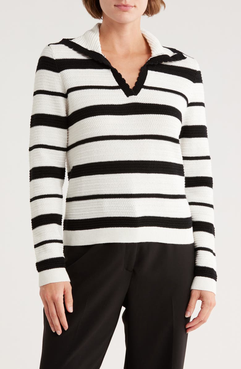 Adrianna Papell Cotton Stripe Polo Sweater, Main, color, Ivory/ Black