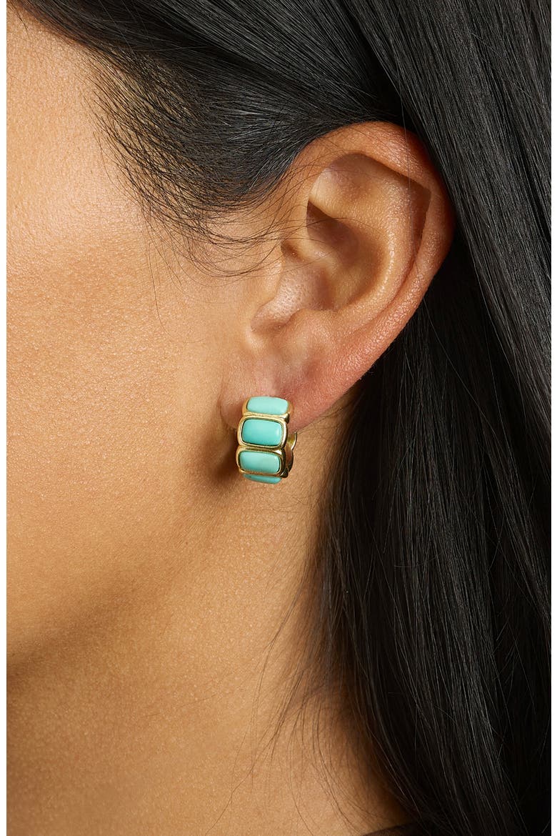 Turquoise Bezel Huggie Hoop Earrings, Alternate, color, GOLD