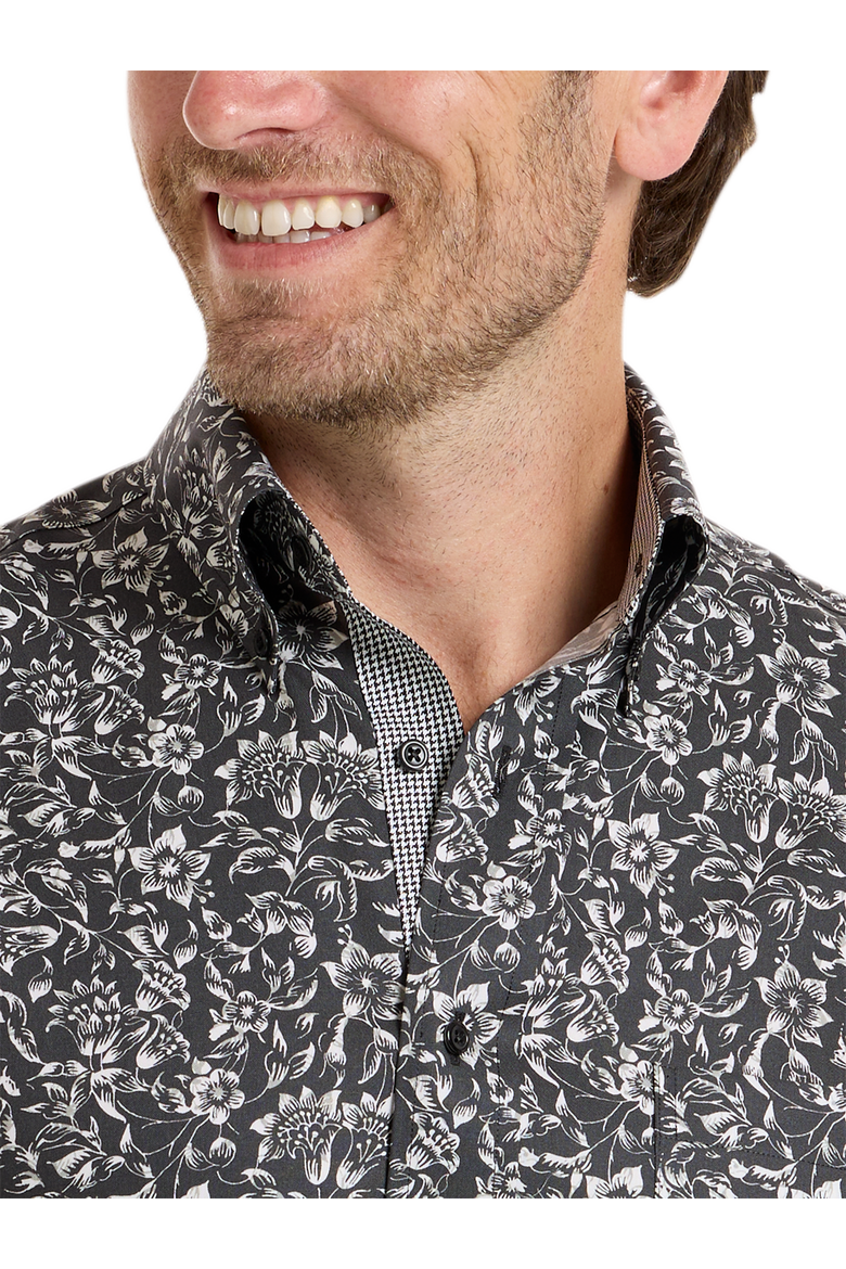 Cotton Buttondown Collar Pinpoint Classic Contrast Trim Button Cuff Long Sleeve, Alternate, color, Black