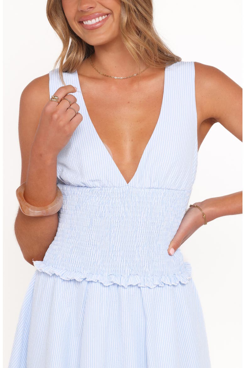 Marline Stripe Smocked Waist Plunge Neck Minidress, Alternate, color, BLUE STRIPE