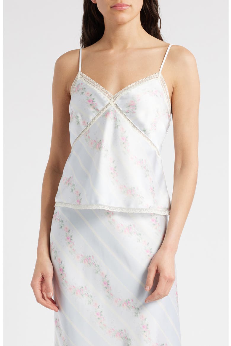 Levall Floral Lace Trim Satin Camisole, Main, color, WAVECREST BLUE