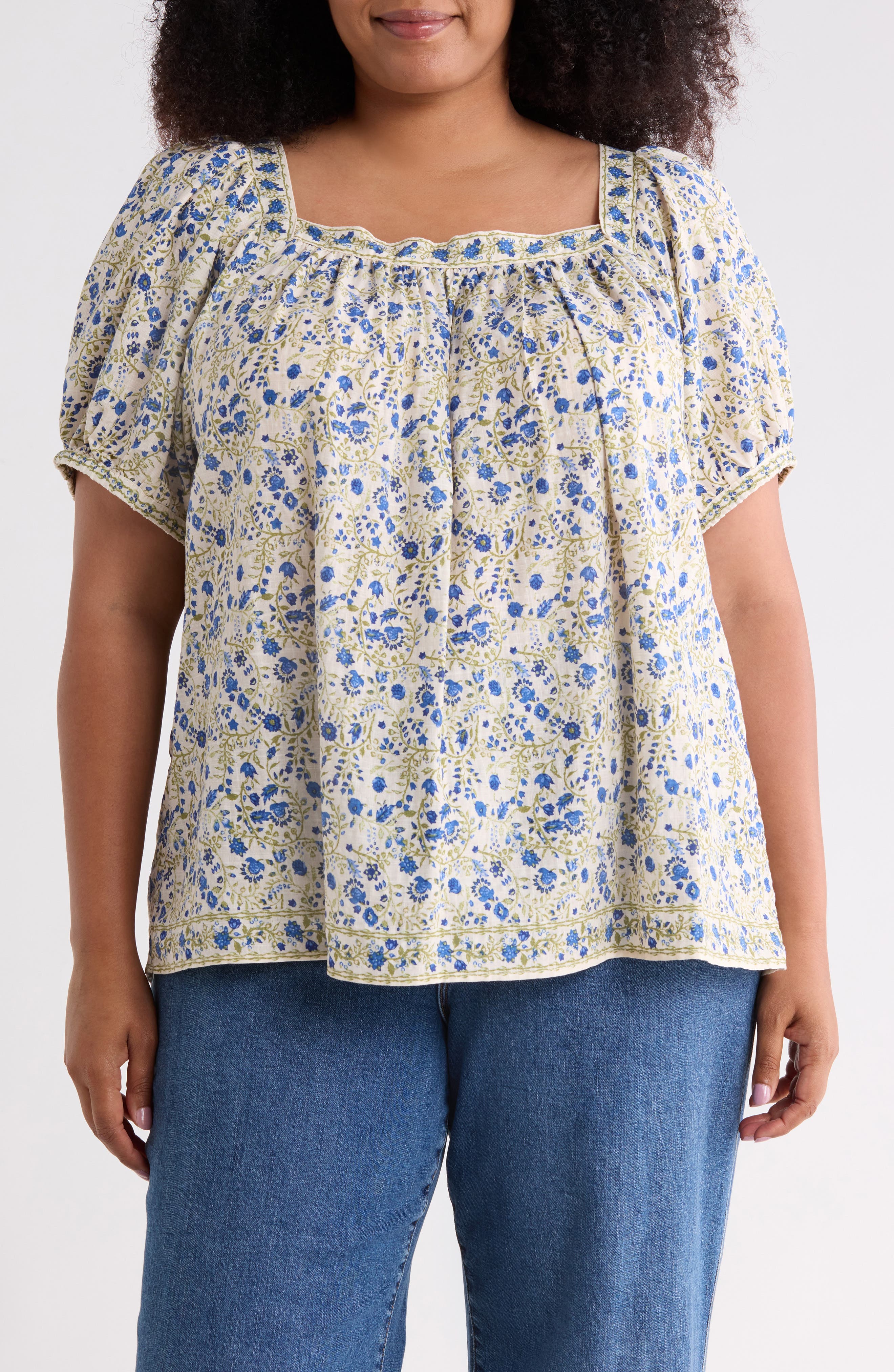 MAX STUDIO Floral Square Neck Puff Sleeve Top