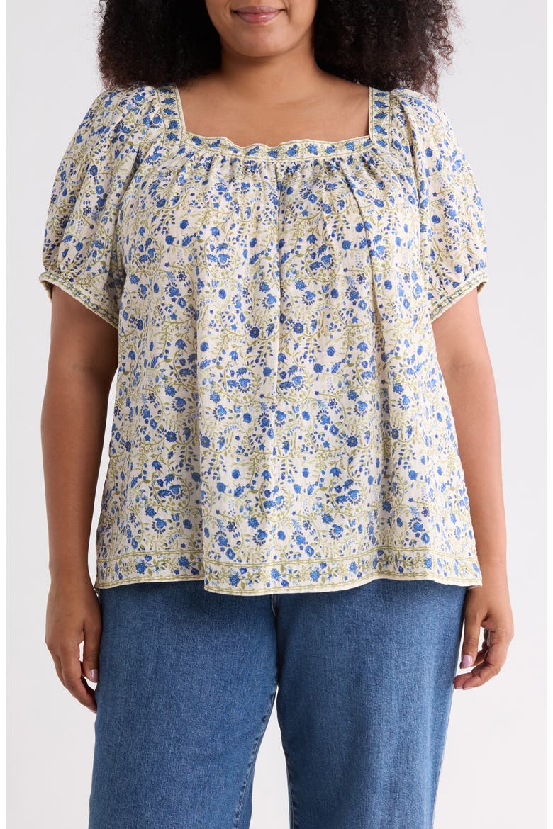 Floral Square Neck Puff Sleeve Top, Main, color, ECRU/ COBALT