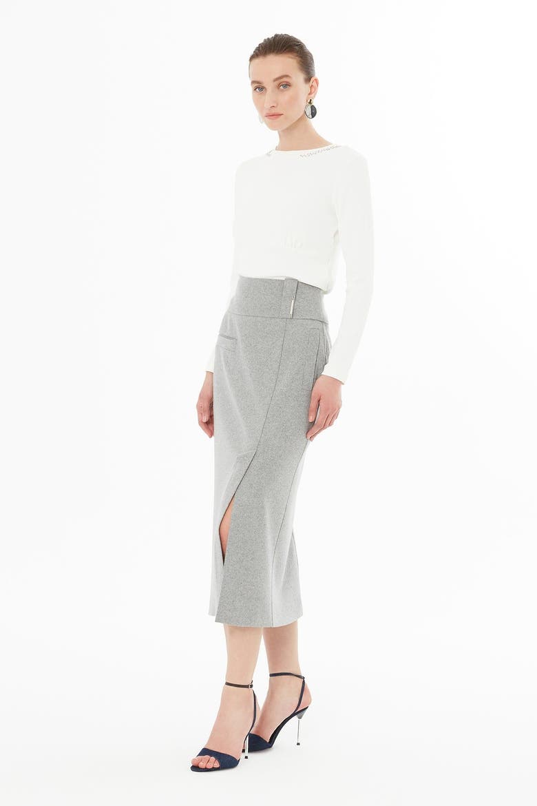 Skirt with Front Slit, Pockets and Belt Detail, Alternate, color, Grey
