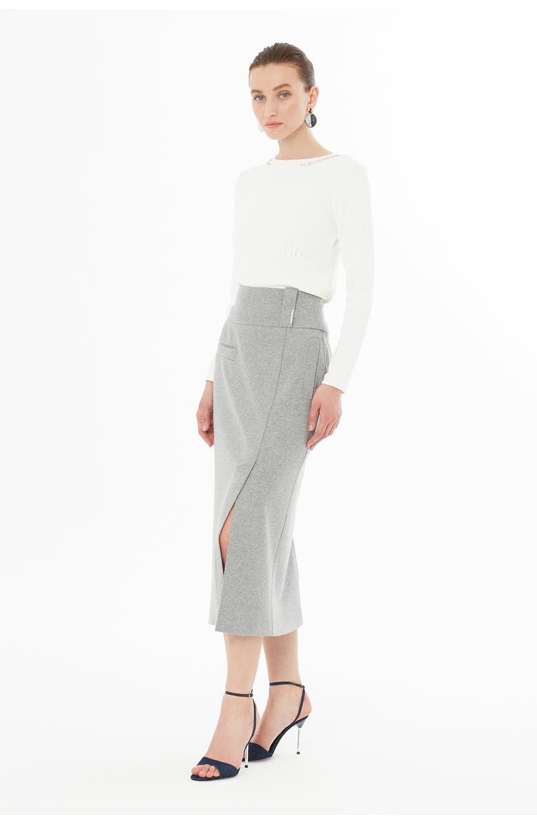 Gizia Skirt with Front Slit, Pockets and Belt Detail, Alternate, color, Grey