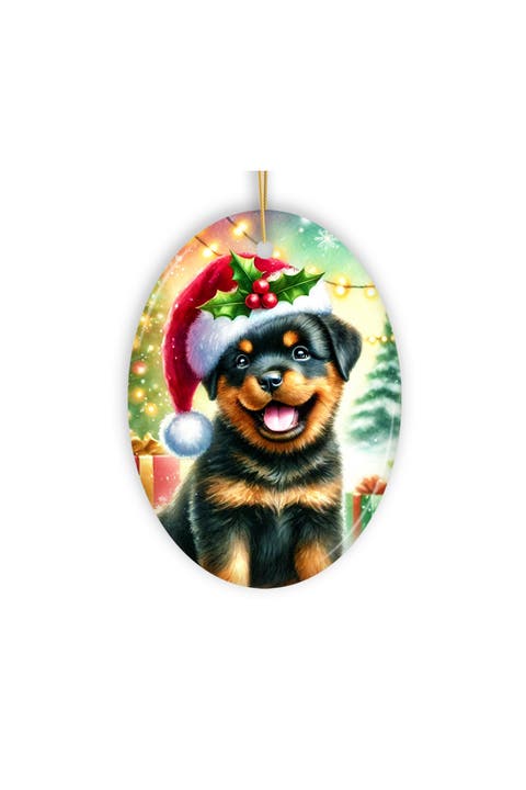 Santa Hat Rottweiler Snowy Forest Ornament - Version 2