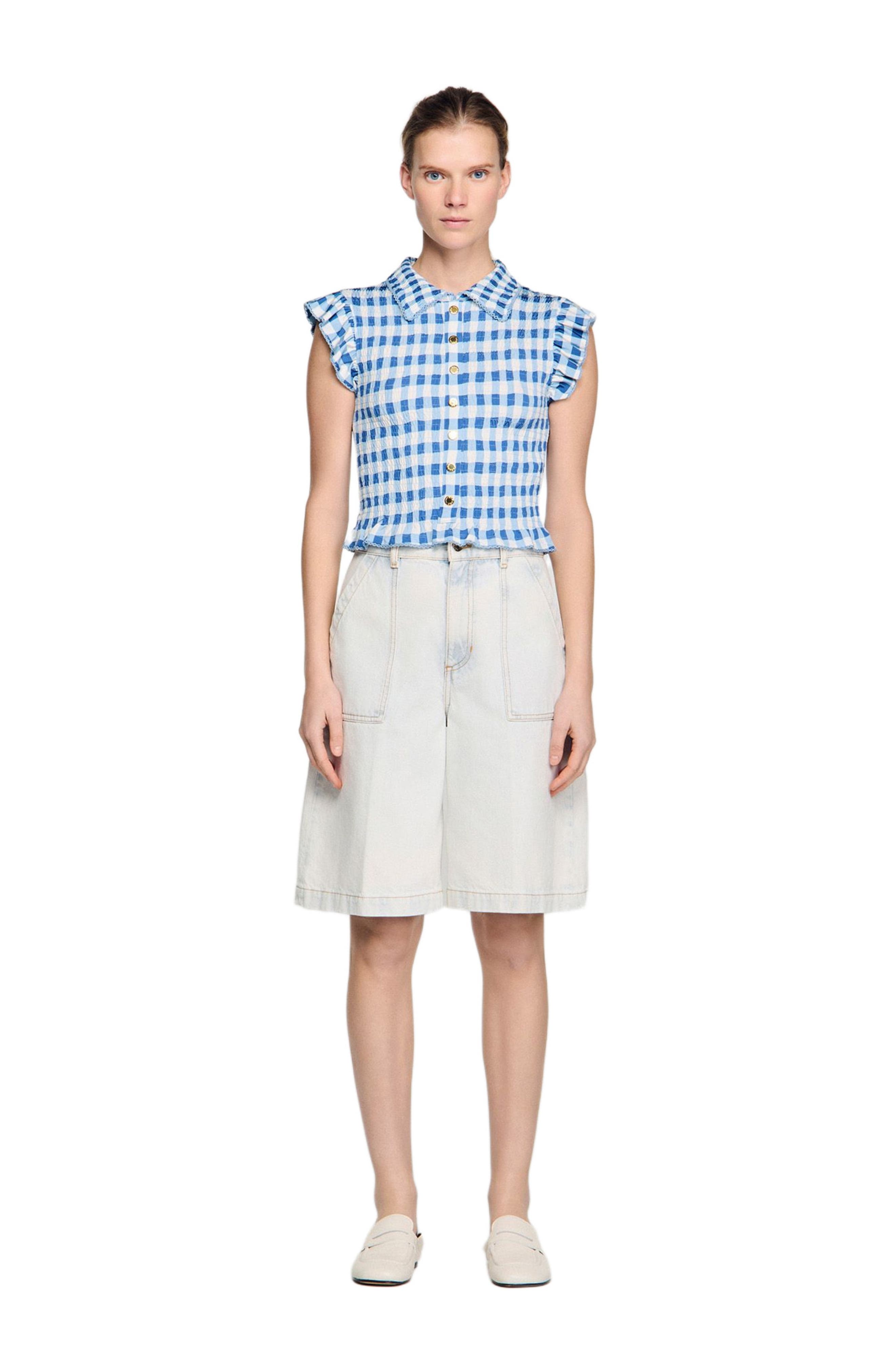 Check smocked T-shirt