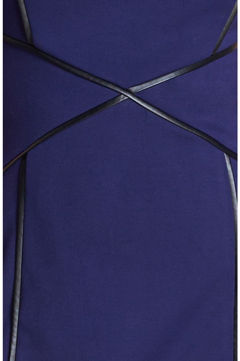 Cap Sleeve Faux Leather Trim Ponte Sheath Dress, Alternate, color, DEEP INDIGO