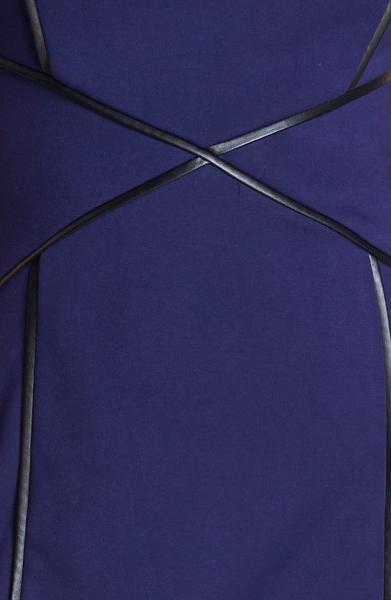 Cynthia Steffe Cap Sleeve Faux Leather Trim Ponte Sheath Dress, Alternate, color, 
