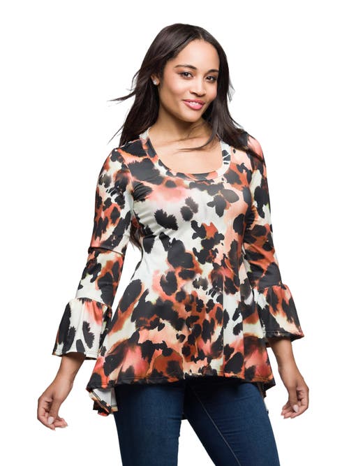 24seven Comfort Apparel Scoop Neck Bell Sleeve Tunic Top Animal Print In White