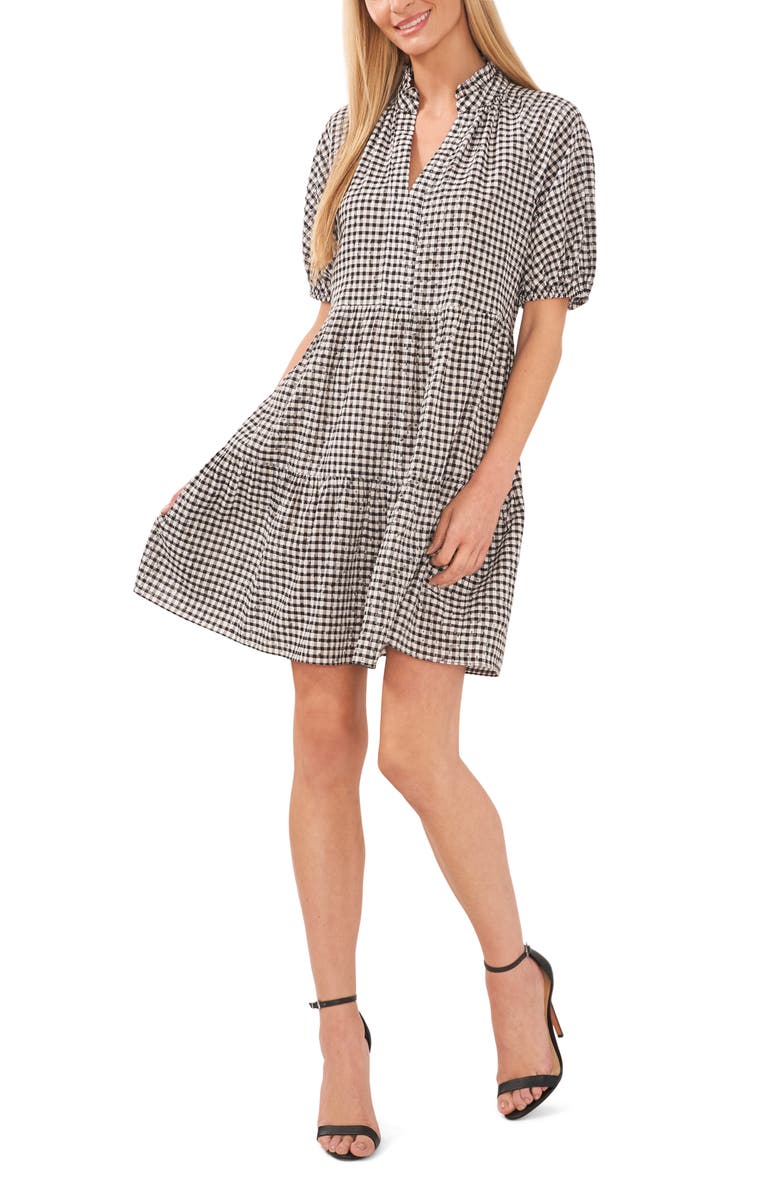 CeCe Check Floral Embroidered Babydoll Minidress, Main, color,