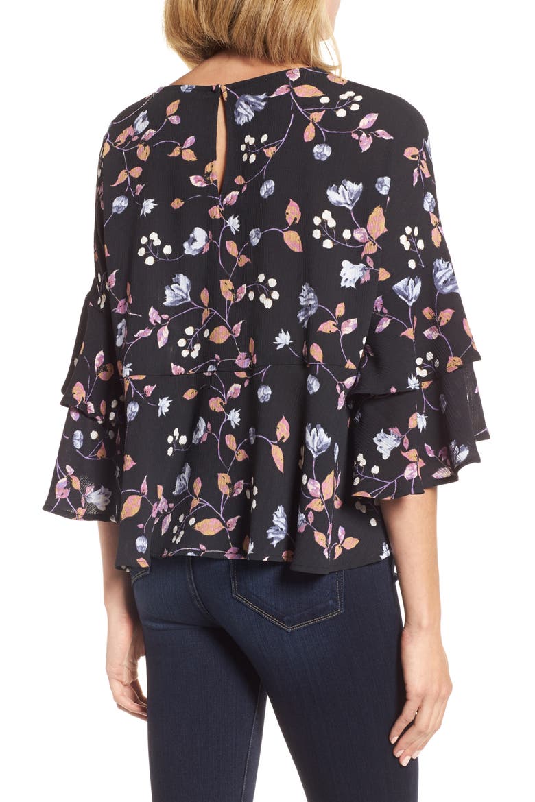 Gibson Tiered Ruffle Sleeve Peplum Blouse, Alternate, color, BLACK/ LAVENDER PRINT