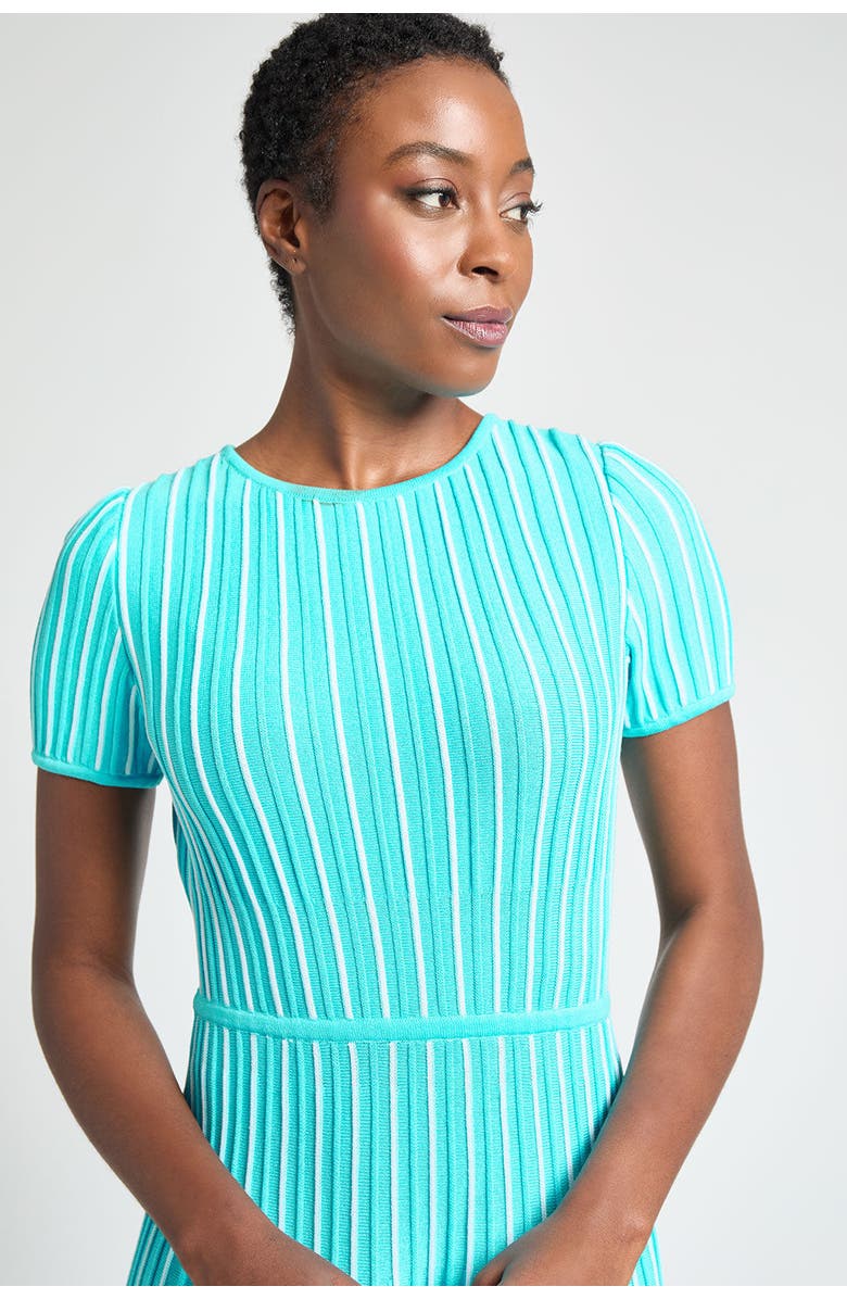 6010 Modern Fit Jewel Neck Striped Flare Soft Knit Dress, Alternate, color, Calypso Blue/White