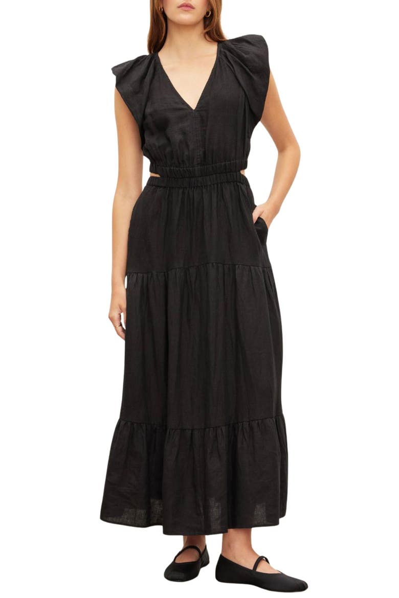 Ginger Linen Cutout Tiered Midi Dress, Main, color, BLACK