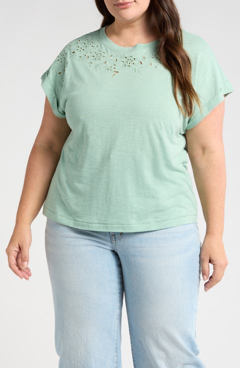 Embroidered Eyelet Cap Sleeve T-Shirt (Plus)