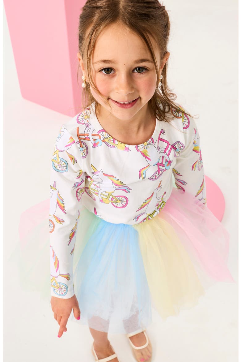 Kids' Unicorn Circus Print Long Sleeve Tulle Party Dress, Alternate, color, CREAM